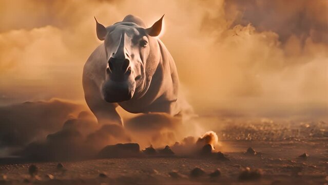 Charging rhinoceros in dusty sunset landscape with Ai generated.
