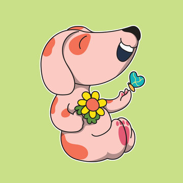 a pink dog with a flower and a butterfly on it