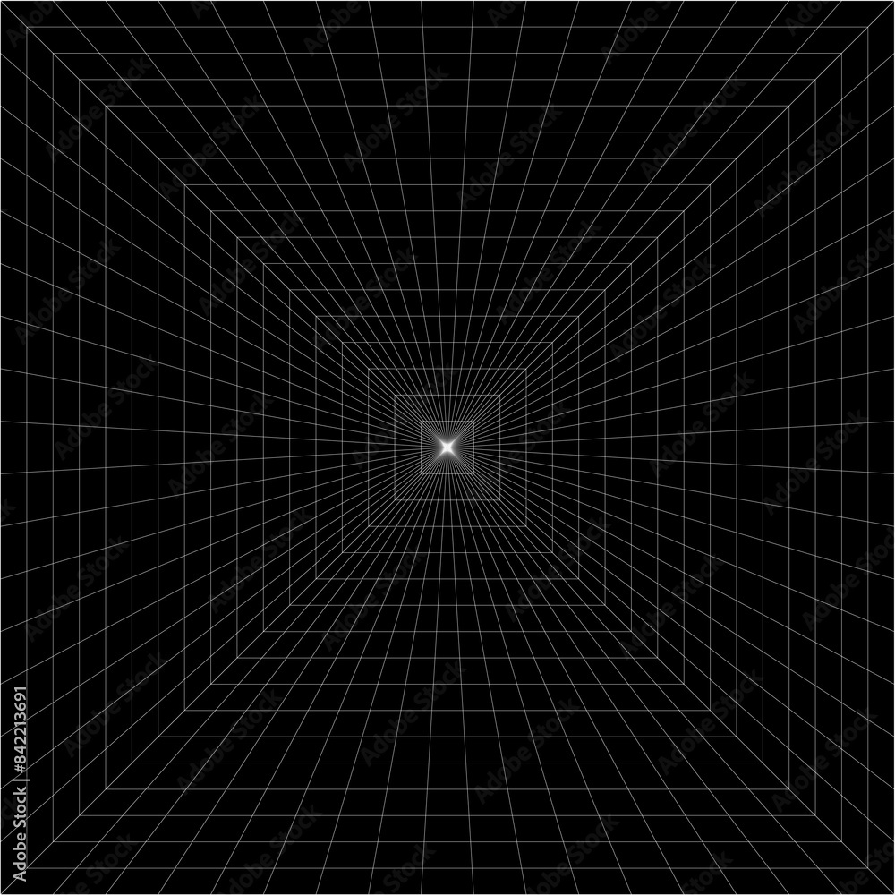 Poster cyber grid, retro punk perspective rectangular tunnel. grid tunnel geometry on black background. vec