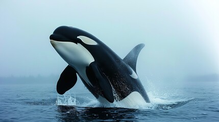 Majestic Orca Whale Breaching the Ocean Surface in a Stunning Display of Marine Wildlife Beauty at Sea Captured in High-Resolution Photography