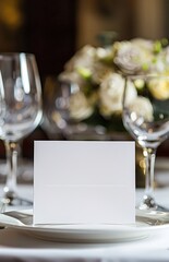 Fototapeta premium Blank A5 White Card on Elegant Restaurant Table with Wine Glasses, Napkins, and Place Settings Creating a Refined and Sophisticated Dining Atmosphere
