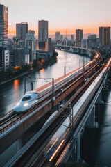 Fototapeta premium A bullet train traveling over a bridge on a river in high speed with a motion blur effect