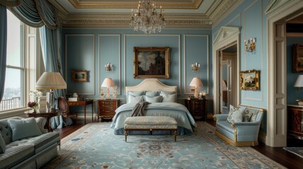 Elegance redefined: Master bedroom bathed in light blue, with intricate moldings, gleaming hardwood, and exquisite