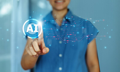 Women Using AI technology Ai tech, show virtual graphic Global Internet connect Chatgpt Chat with...