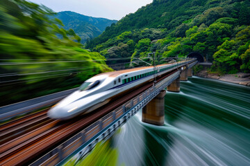 A bullet train traveling over a bridge on a river in high speed with a motion blur effect