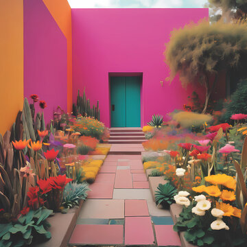 luis barragan colorfull exterior garden wih many fowers natural materials.