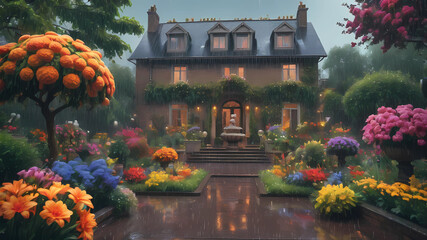 A beutiful house garden ,8k , best qality picture , realistic picture , uhd , vibrating color , color flowers , color ,rain , big statue , gergerous flowers