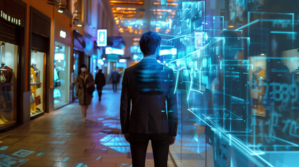 Fototapeta premium AI-Enhanced Holographic Retail in Futuristic Urban Environments