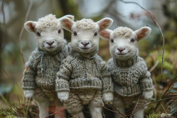 Lambs wearing knitted sweaters on a chilly spring morning