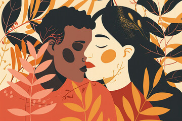 Two persons man woman black white african latino trans kissing plant garden background pride love romance friendship couple gay diversity lgbtq equality valentine's day pride illustration