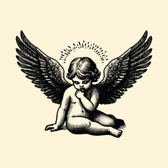 baby with wings old engraving vector style, baby vector illustration retro vintage handwriten style