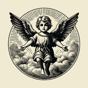 recommend clip art: baby with wings old engraving vector style, baby vector illustration retro vintage handwriten style