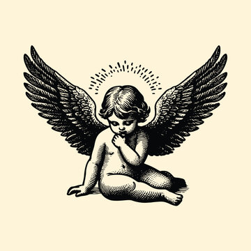 recommend clip art: baby with wings old engraving vector style, baby vector illustration retro vintage handwriten style