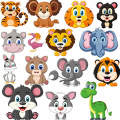Obraz premium The image is a collection of cute, cartoon-style animals. Each animal has a cute, stylized appearance with exaggerated features, making them appear friendly and approachable.