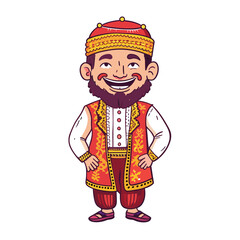 A man in traditional clothes is smiling