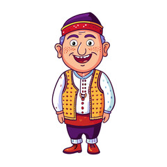 A man in traditional clothes is smiling