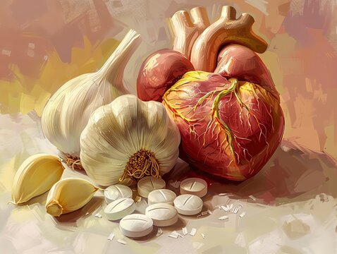 concept art for an illustration of garlic and tablets in front of human heart, light background, digital painting, bright colors, warm tones
