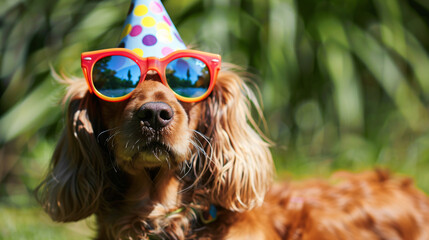 Dog wearing happy birthday sunglasses