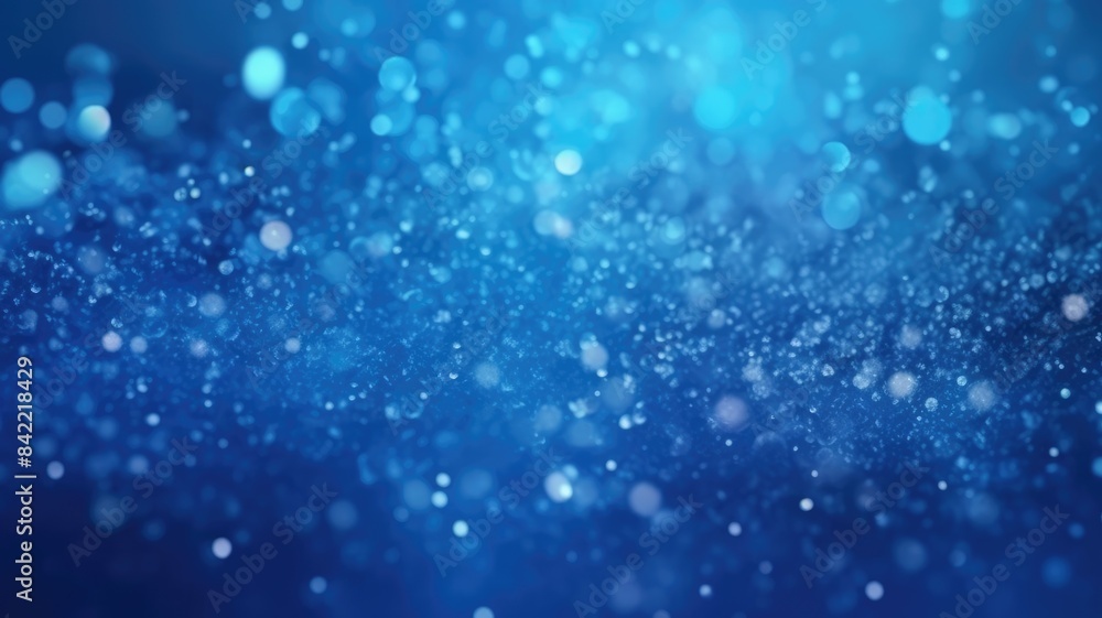 Poster the picture of vague visual of sparkling particles scattered across a deep blue background, create a
