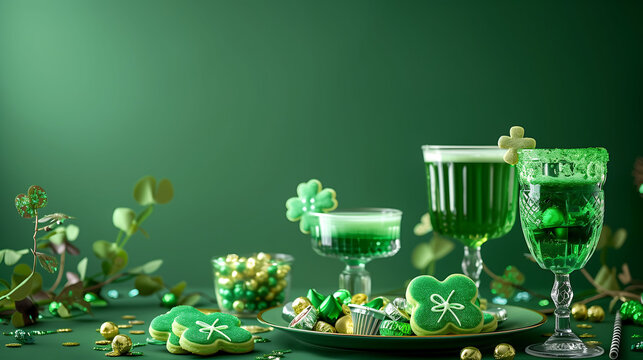 A festive St. Patrick's Day table featuring green-tinted drinks, shamrock cookies, and a pot of gold candies, set against a solid emerald green background