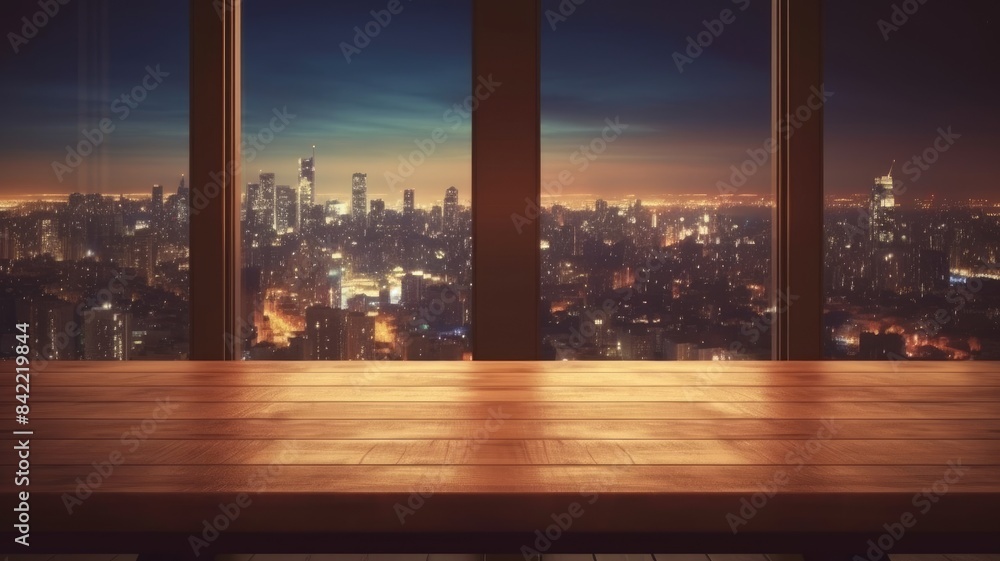 Poster wooden tabletop with blurred cityscape background. an image of table in front of urban city in night