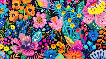 Explore a vibrant 2d illustration featuring a seamless pattern adorned with charming flowers and dots creating a whimsical and colorful cartoon design