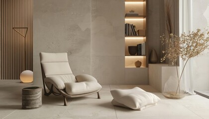 A cozy reading nook with a comfortable chair, a small bookshelf, and minimalist decor for a peaceful retreat