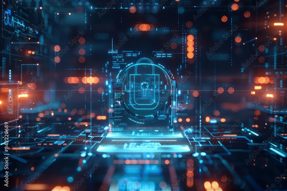 Poster a futuristic digital screen shows a lock, representing the robust protection of digital data and the