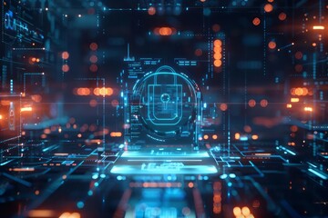 Obraz premium A futuristic digital screen shows a lock, representing the robust protection of digital data and the importance of cybersecurity in network management