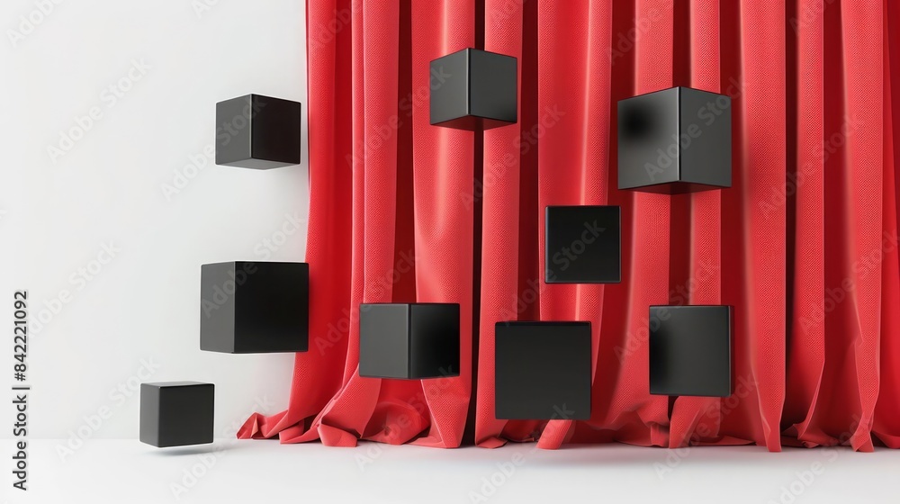 Poster A minimalist white background with a red curtain and black cubes of different sizes, creating a striking contrast, Sharpen 3d rendering background