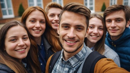 Obraz premium Happy students taking selfies outside the campus building