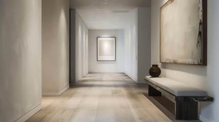 A minimalist hallway featuring a single piece of artwork and a sleek bench, emphasizing simplicity and elegance