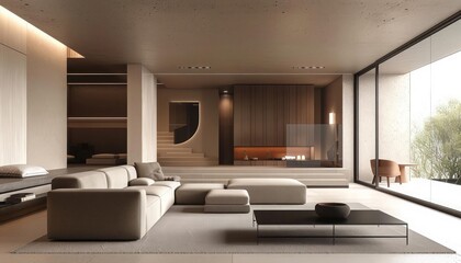 A minimalist living room with sleek furniture, neutral colors, and open space creating a calm and modern home environment