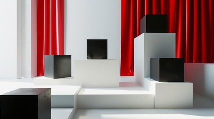 A minimalist white background with a red curtain and black cubes of different sizes, creating a striking contrast, Sharpen 3d rendering background