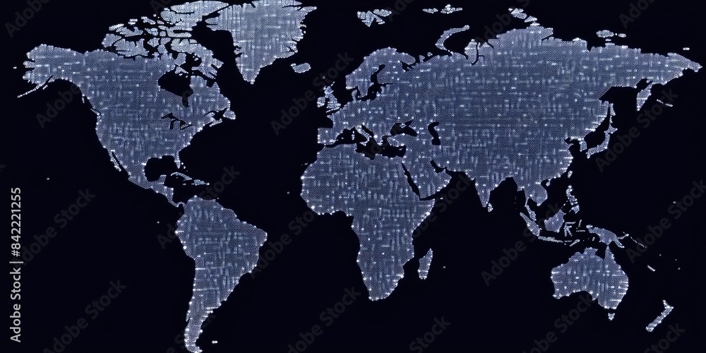 Poster glowing digital world map on a dark background with sparkling light points. global communication and