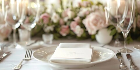 Fototapeta premium Blank White Menu on Luxurious Wedding Table Setting with Elegant Goldware, Cutlery, and Floral Arrangements, Perfect for Copyspace and High-Resolution Mockup