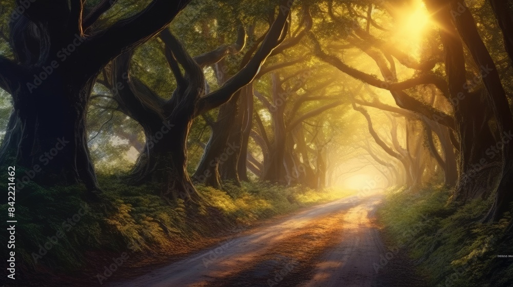 Poster enchanting forest pathway with beams of sunlight filtering through the trees, creating a mystical at