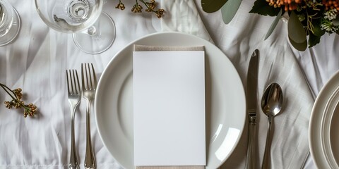 Blank White Menu Card on Elegant Plate with Cutlery and Soft Grey Tablecloth Creating a Sophisticated Setting for Wedding or Special Event