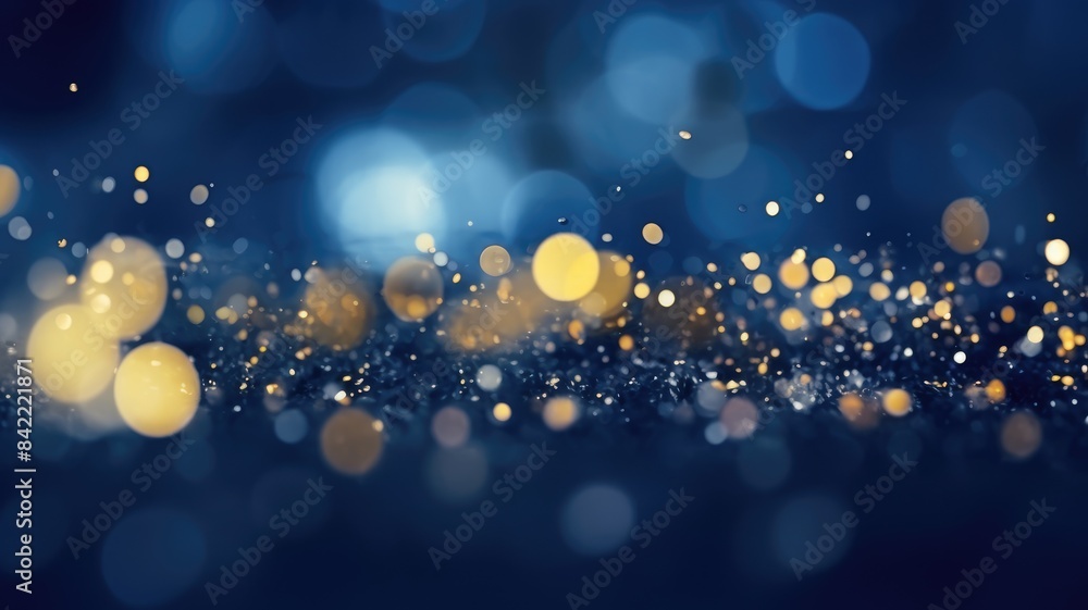 Poster bokeh lights on a gradient blue background. numerous sparkly gold particles of various sizes scatter
