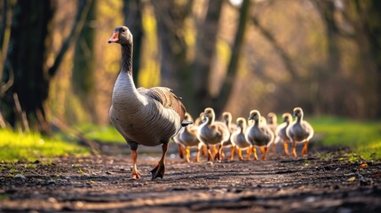 Fototapeta premium Goose confidently leads a pack of fellow geese through the landscape. Ai Generated.