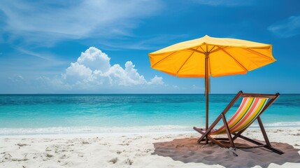 Fototapeta premium Relax in a deck chair under a beach parasol, surrounded by sandy serenity. Coastal bliss, Ai Generated.