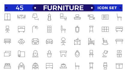 Furniture Minimal line icons set. Kitchen, bedroom, sofa table, bookcase closet, chair, mattress, lamps, ladder vector illustrations. Outline signs of house interior.