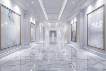 A grand art gallery with high ceilings and polished marble floors. White, blank canvases of various sizes hang on the pristine white walls, illuminated by warm spotlights.