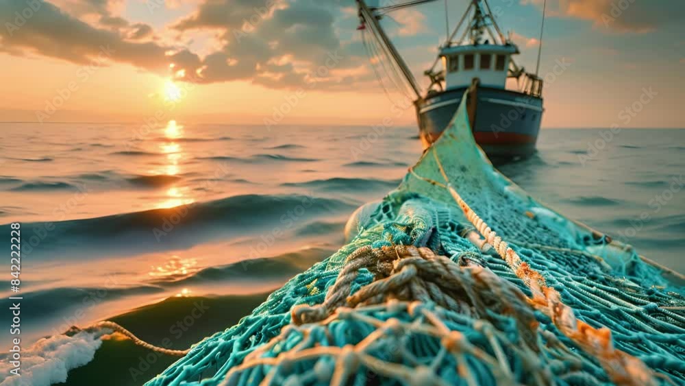 Poster a boat sailing on calm waters with an ecofriendly fishing net extended behind it emphasizing its sus