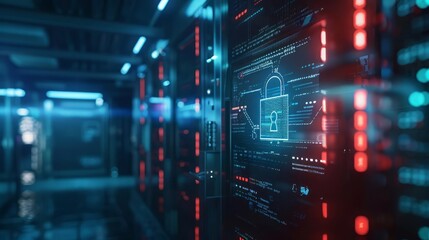 Obraz premium In a hightech environment, a network is secured by a digital lock displayed on the screen, emphasizing data protection and cybersecurity