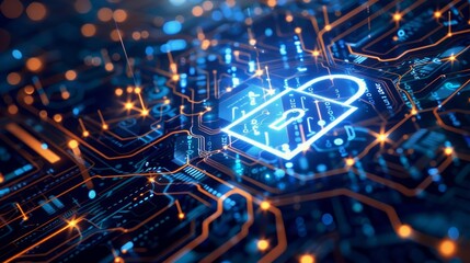 In a hightech environment, a network is secured by a digital lock displayed on the screen, emphasizing data protection and cybersecurity