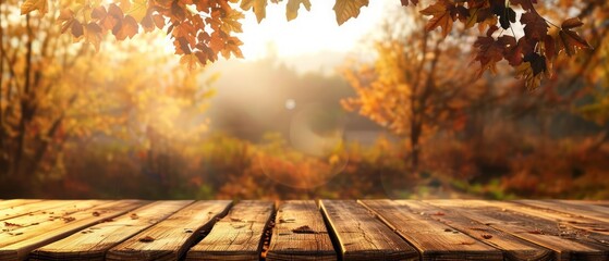 Picture a wooden table with a blur light gold bokeh blending with the serene beauty of an autumn morning, sharpen 3d rendering background