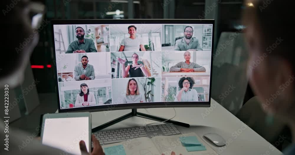 Poster business people, video conference and hello on computer screen in office at night for online meeting