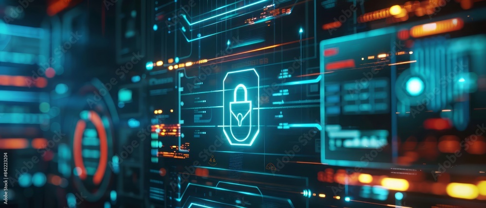 Poster the digital screen features a lock, symbolizing the protection of digital data and the secure networ