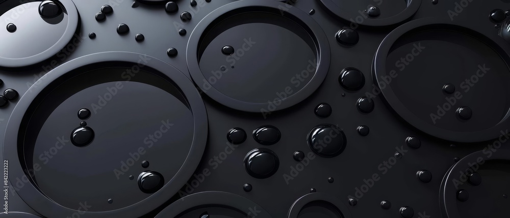 Poster the modern shape creates a background of black circle rings with a white abstract banner, complement